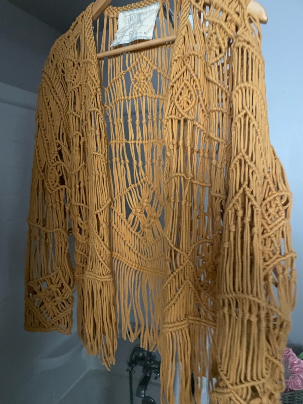 Handmade Mustard Macramé Fringe Cardigan medium